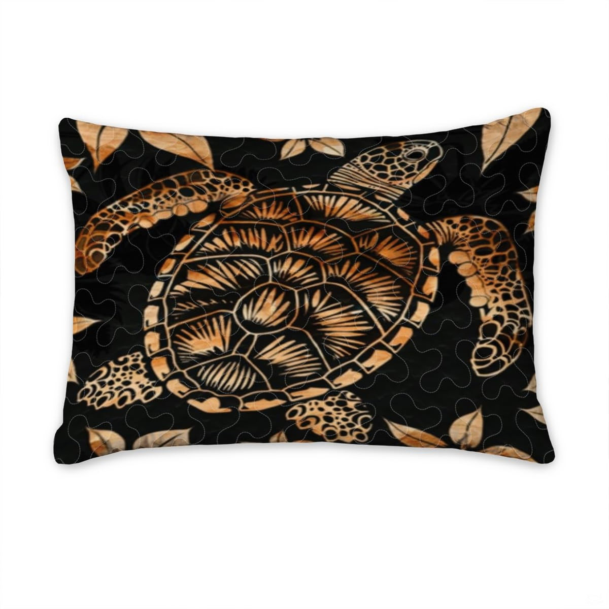 Overhead view of sea turtle bedroom decor showing Hawaiian floral motifs across the dark bedding.