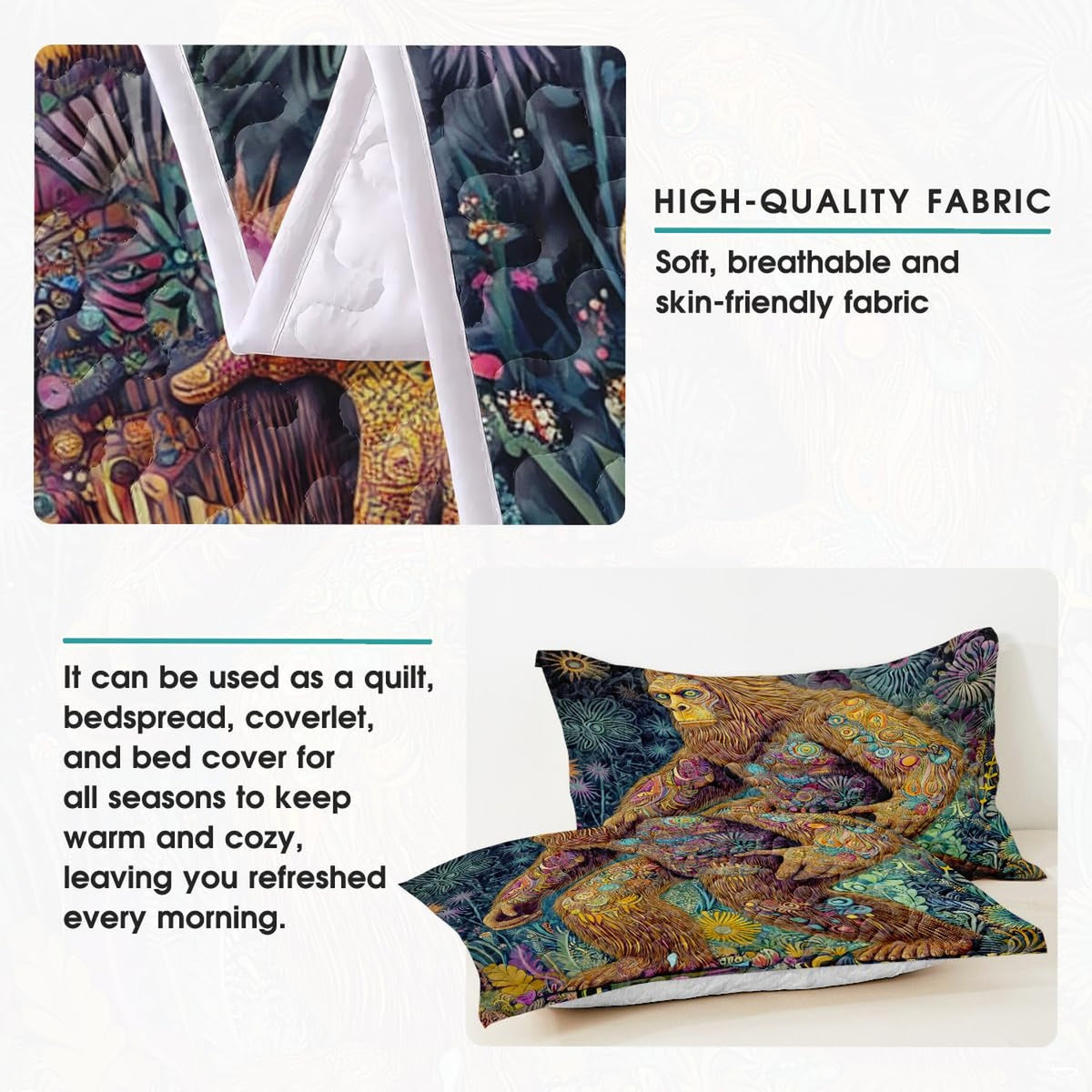 Close-up perspective of psychedelic bed covers highlighting ornate paisley thematic accent and mystical enchanted greenery.
