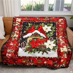 Winter bedroom styling with red cardinal bedding, crimson borders, and painted snowflakes.