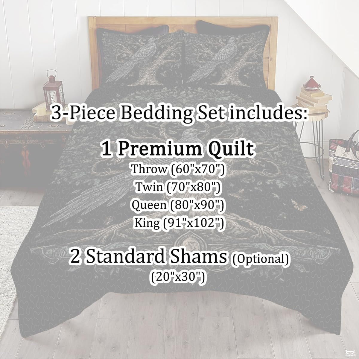 Atmospheric bedroom setting featuring the gothic raven bedding focal artwork.