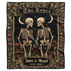 Gothic skeletons tarot throw blanket with bone couple, crescent moons, and crimson flowers on black