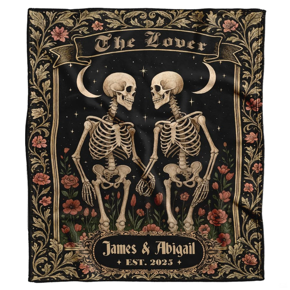 Gothic skeletons tarot throw blanket with bone couple, crescent moons, and crimson flowers on black