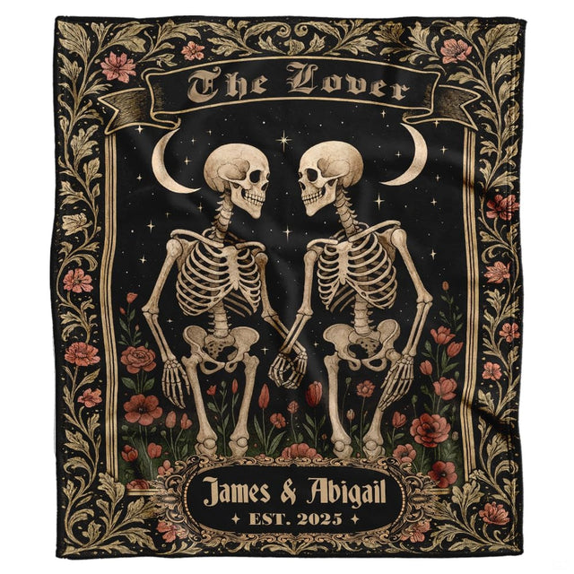 Gothic skeletons tarot throw blanket with bone couple, crescent moons, and crimson flowers on black