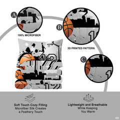 Overhead view of athletic streetball sports bedding spread across a contemporary bedroom bed setup