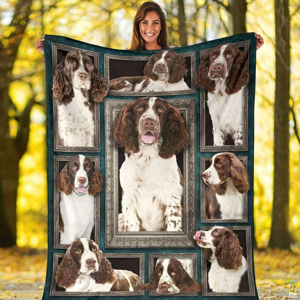 Crisp white reverse folded back over rich teal English setter bedding inspired spaniel graphics.