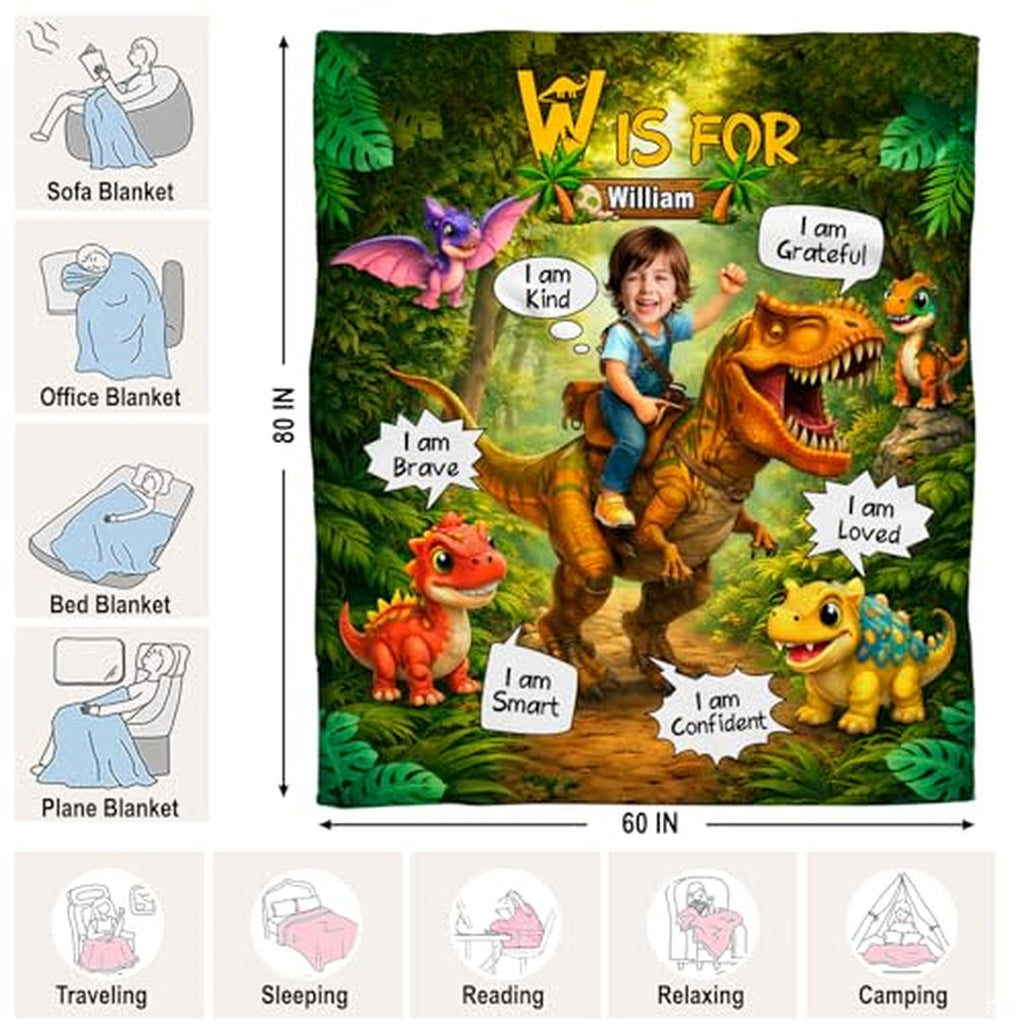 Personalized Dinosaur Blanket for Boys with Name, Upload Photo Face Dinosaurs Blanket Throw Soft Flannel, Unique Dinosaur Gift for Boys Men Girl Room Decor Christmas Birthday Gifts (Dinosaur-03)