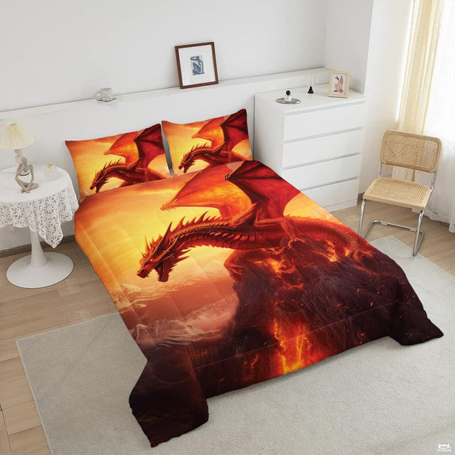 Top angle perspective of golden flame dragon bedding showing detailed radiant wings and cosmic galaxy swirls.