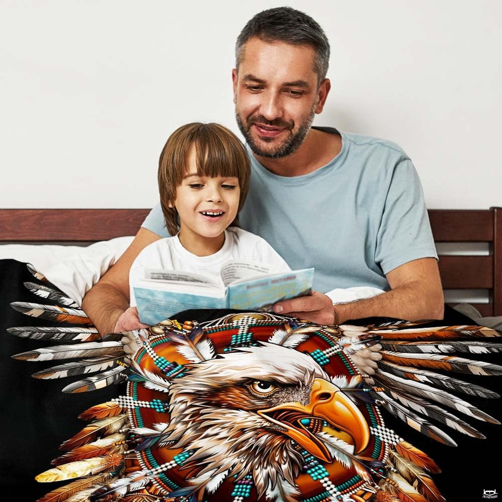 Tribal bald eagle feather medallion throw blanket view 3 highlighting plumage artwork and cabin room styling