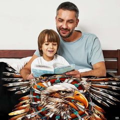 Tribal bald eagle feather medallion throw blanket view 3 highlighting plumage artwork and cabin room styling