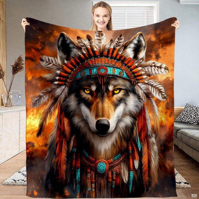 Majestic wolf portrait with feathered headdress in turquoise and orange for French country bedding sets.