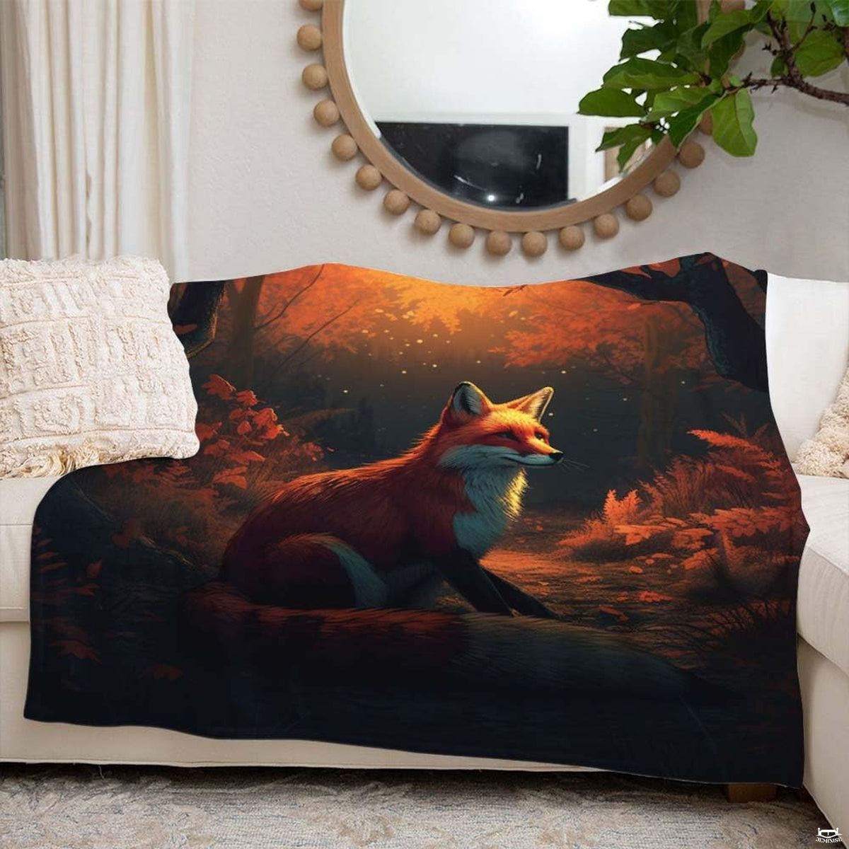 Pillow shams with painted woodland red fox art matching the autumn foliage bedding theme.