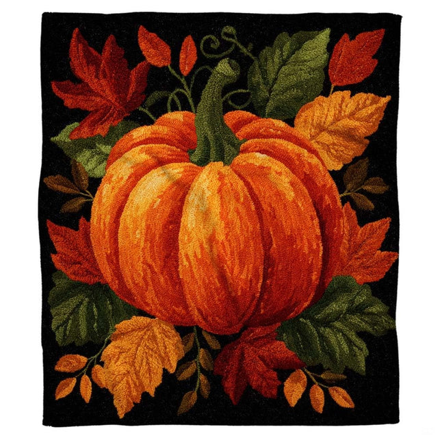 Rustic autumn heirloom pumpkin throw blanket with crimson maple leaves and golden oak foliage on black