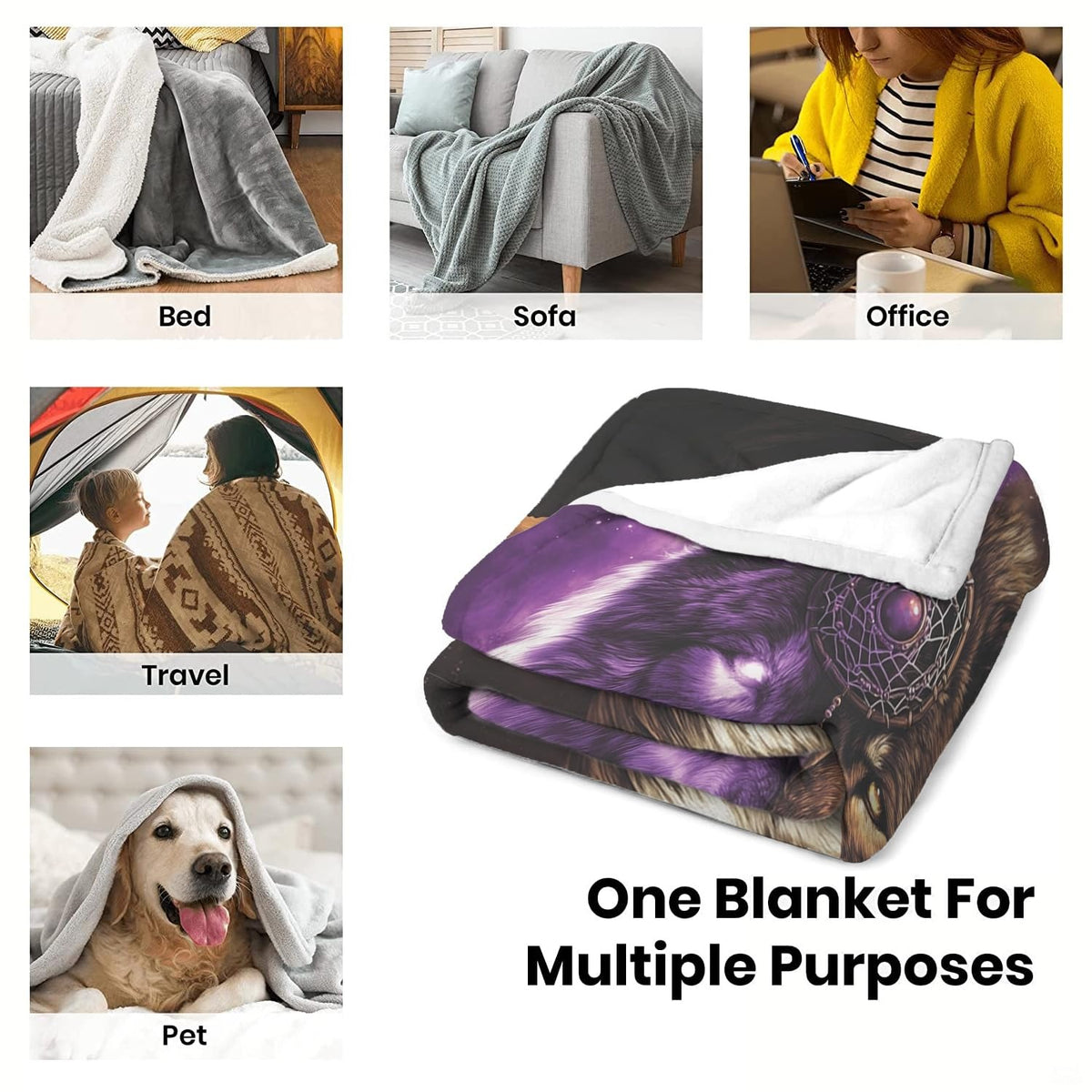 Folded presentation of the mystical wolf throw blanket resting neatly on an armchair.