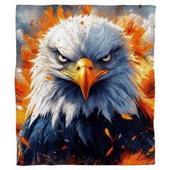 Close-up visual of predatory bald eagle face artwork with blue-grey plumage on american eagle bed set.