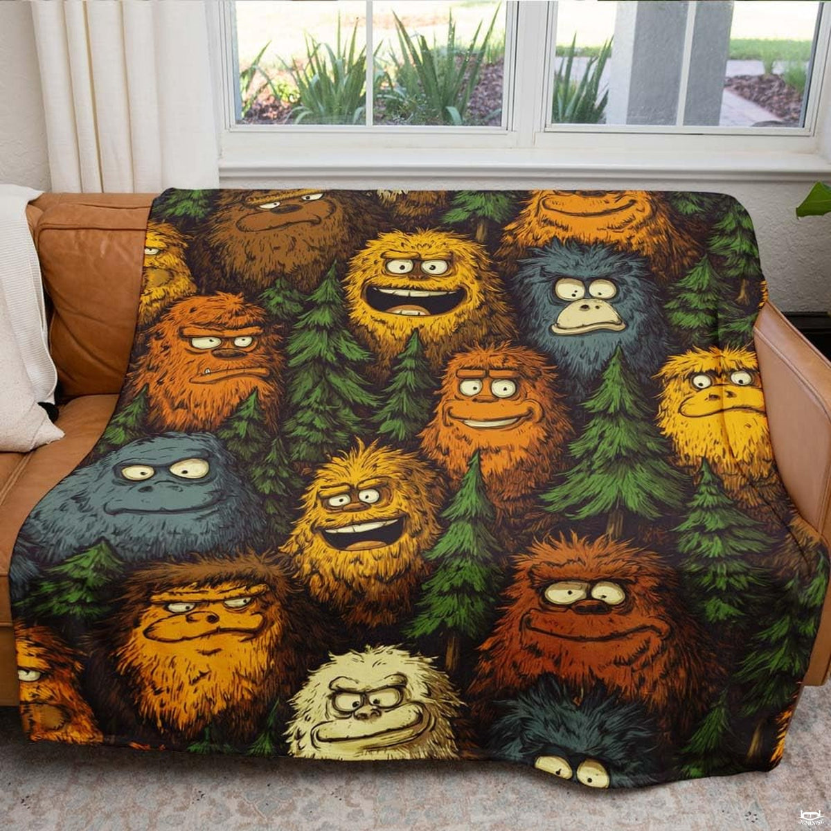 Quirky cartoon Bigfoots and Yetis peeking through evergreen pine trees, view 5.