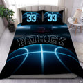 Glowing cyan neon basketball bedding featuring electric groove lines and dark arena hoop backdrop