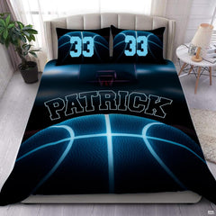 Glowing cyan neon basketball bedding featuring electric groove lines and dark arena hoop backdrop