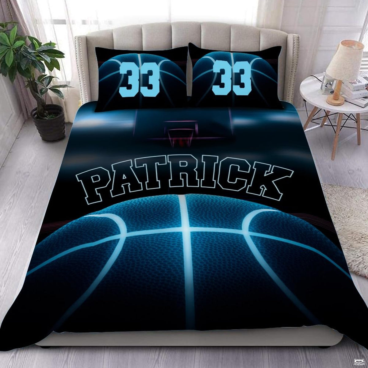 Glowing cyan neon basketball bedding featuring electric groove lines and dark arena hoop backdrop