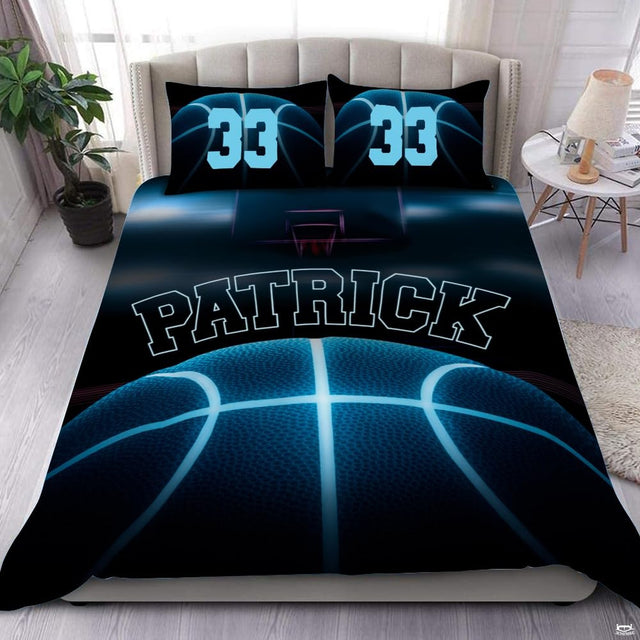 Glowing cyan neon basketball bedding featuring electric groove lines and dark arena hoop backdrop