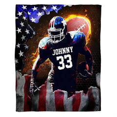 Patriotic football throw blanket view 2 highlighting runner bursting through American flag with blazing ball