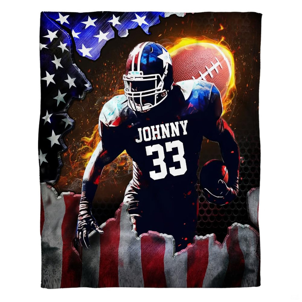 Patriotic football throw blanket view 2 highlighting runner bursting through American flag with blazing ball