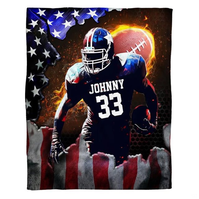 Patriotic football throw blanket view 2 highlighting runner bursting through American flag with blazing ball
