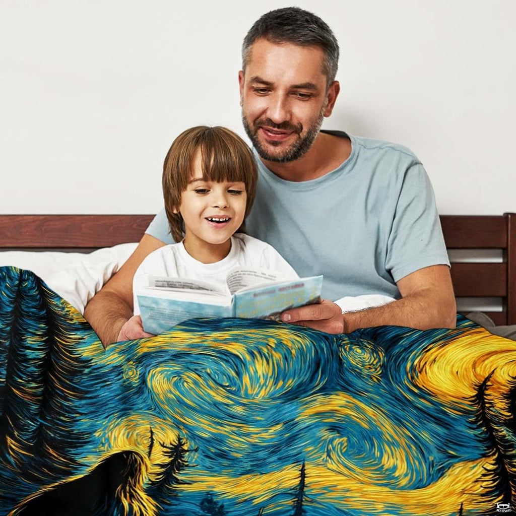 Close-up of swirling yellow stars and deep teal skies on artistic Starry Night Bigfoot bedding.