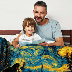 Close-up of swirling yellow stars and deep teal skies on artistic Starry Night Bigfoot bedding.