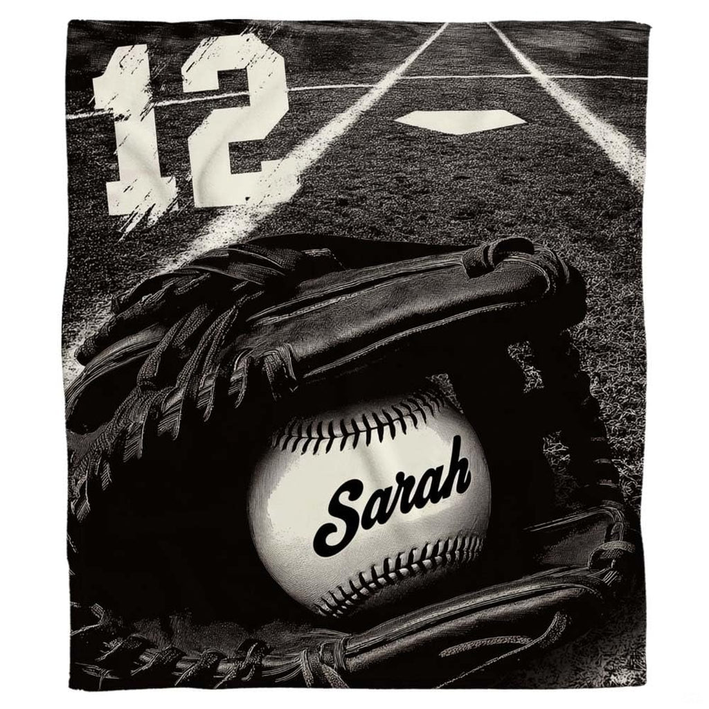 Monochrome baseball glove at home plate blanket with ball and chalk lines