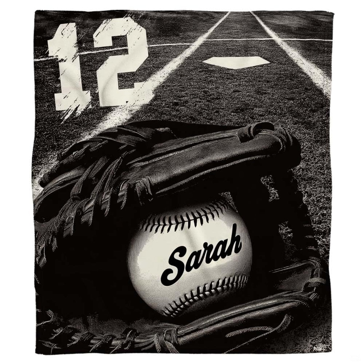 Monochrome baseball glove at home plate blanket with ball and chalk lines