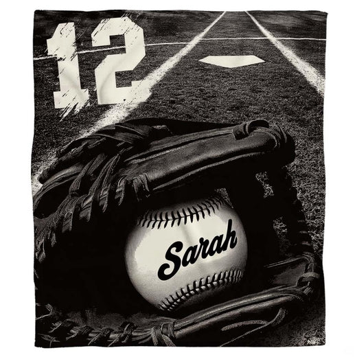 Monochrome baseball glove at home plate blanket with ball and chalk lines