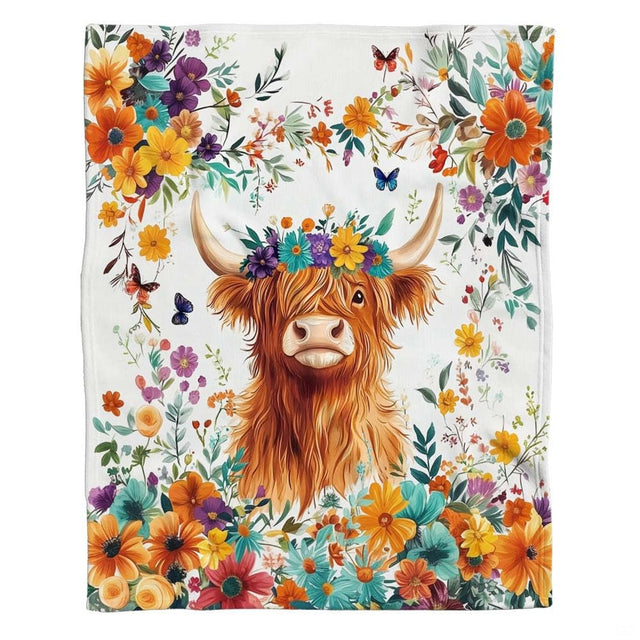 Botanical garden Highland cow throw blanket view 2 styled on living room sofa in modern farmhouse
