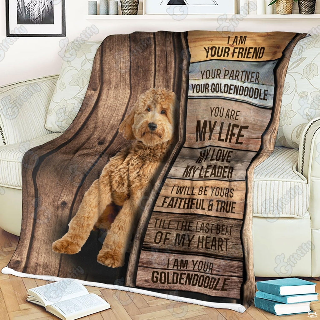 Close view of apricot doodle pup and stacked wooden sign slats on blanket