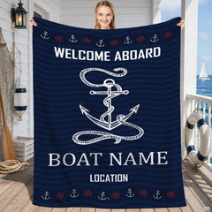 Navy nautical anchor waves throw blanket featuring white rope anchor and subtle ocean wave ripples