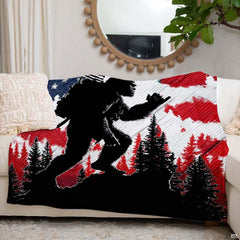Patriotic Bigfoot throw blanket view 6 highlighting hiking Sasquatch silhouette and American flag pine trees
