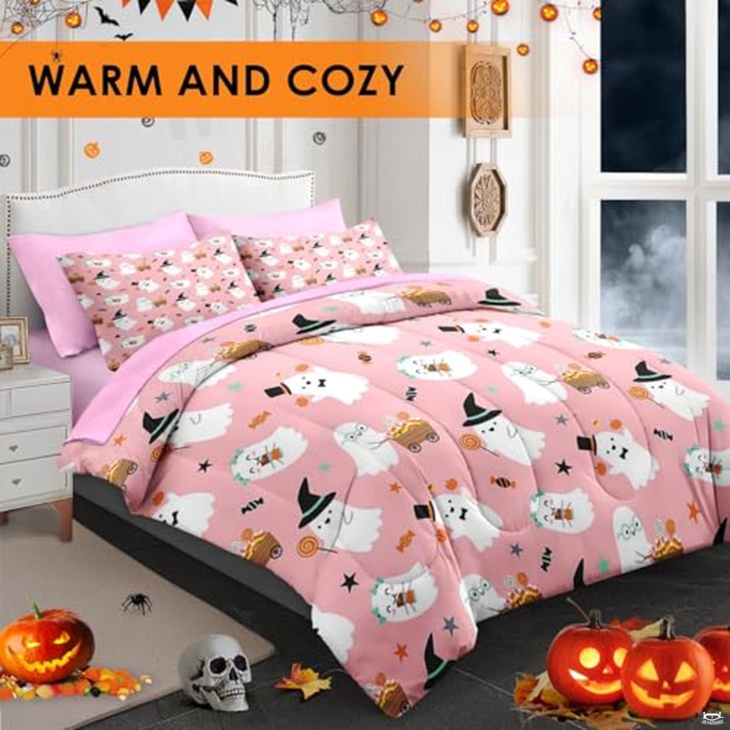 Pamnest Twin Halloween Comforter Set with Sheets, 5 Pieces Pink Bedding