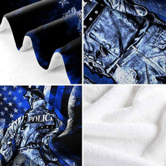 Thin Blue Line bedroom styling highlighting tactical hero motif and dark starry flag design.