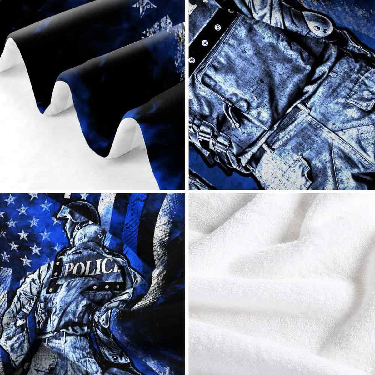 Thin Blue Line bedroom styling highlighting tactical hero motif and dark starry flag design.