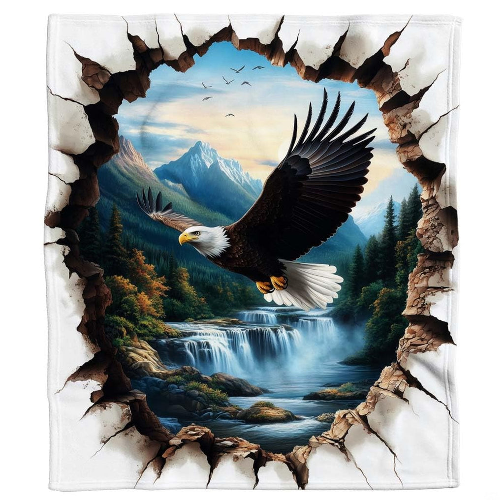 Flying bald eagle waterfall mountain throw blanket perspective 7 detailing eagle wings and landscape