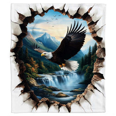 Flying bald eagle waterfall mountain throw blanket perspective 7 detailing eagle wings and landscape