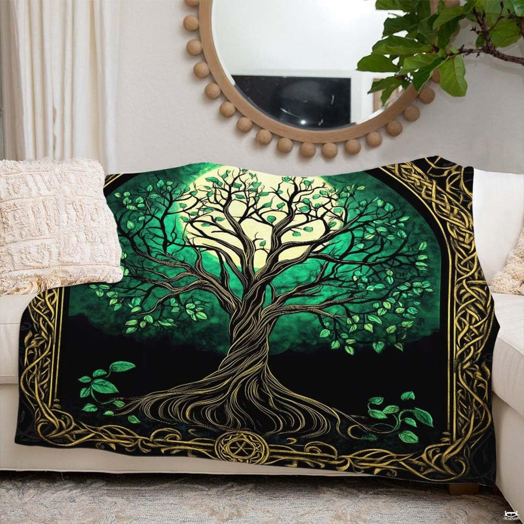 Detailed view of intricate golden knotwork arch and rooted trunk on Celtic throw blanket