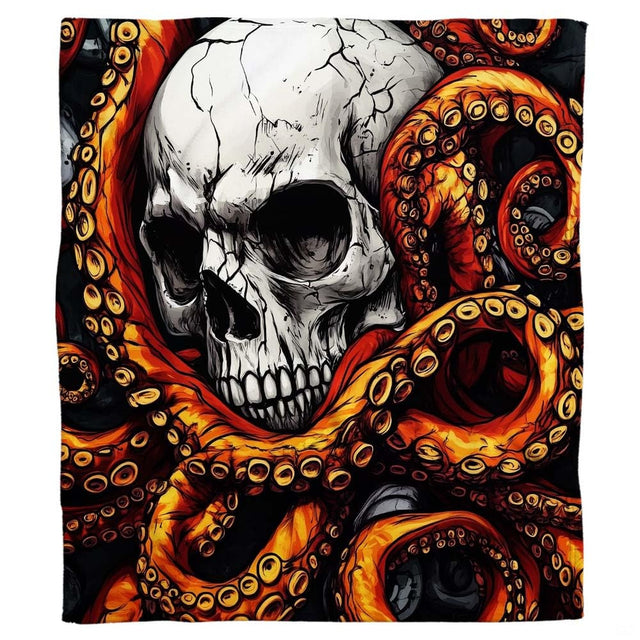 Kraken skull gothic fantasy bedding set displayed on a bed in a moody bedroom setting.