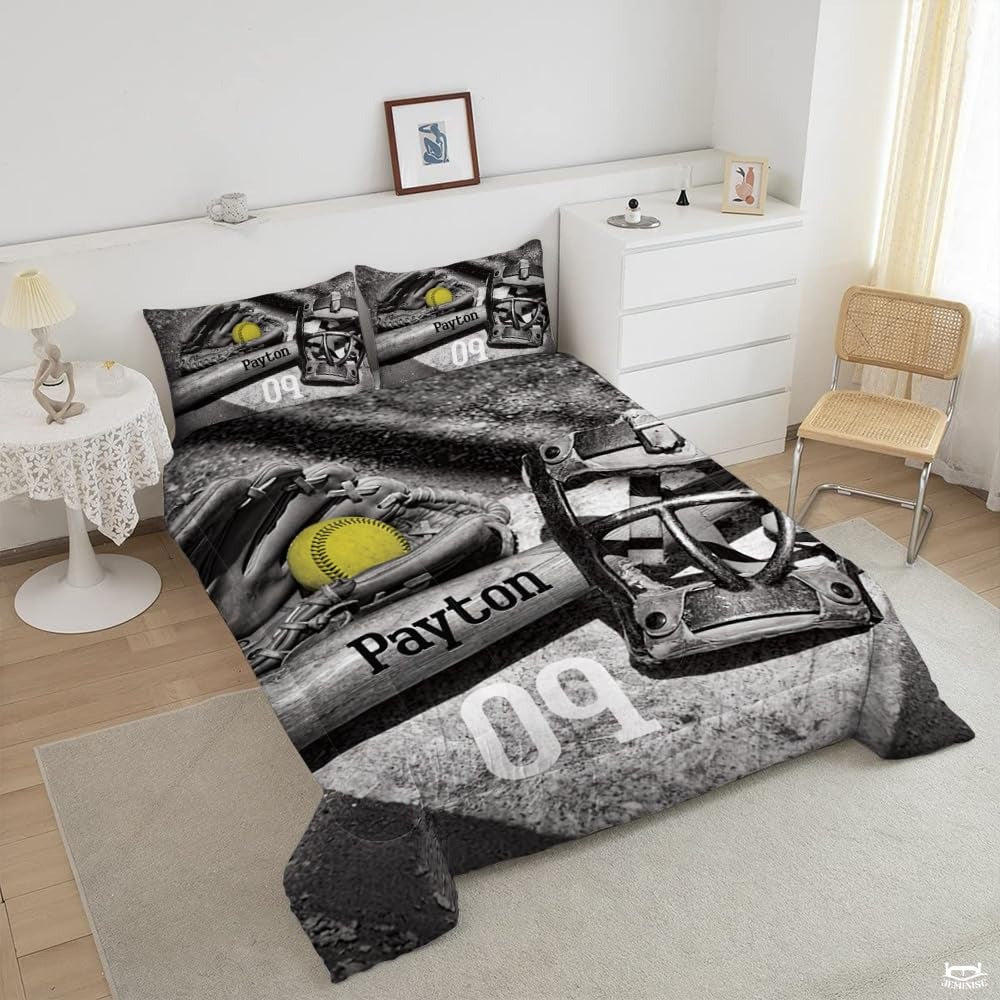Softball Bedding Set for Girls & Women – Bright Teal Yellow Sports Theme Comforter Set for Softball Lovers, Decorative Bed Set Available in Twin, Queen, King Sizes
