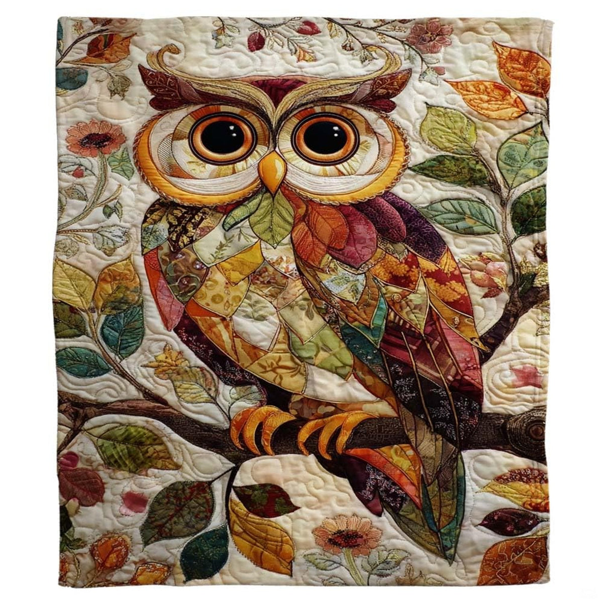Close-up of patterned leaf plumage and large expressive eyes of the collage owl blanket
