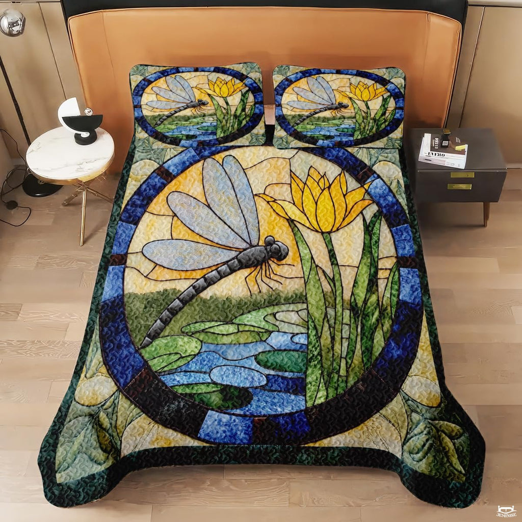 Dragonfly Patchwork Quilt Set, Animal Patchwork Bedset - Dragonfly Quilt Bedding Set, Premium Pattern Quilt Bedspread, Bedding Blanket Gift for Daughter Women