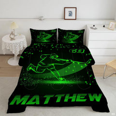 Glowing neon green hockey player bedard artwork on bedding set in an athletic bedroom setting.