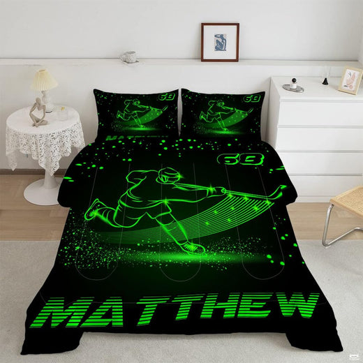 Glowing neon green hockey player bedard artwork on bedding set in an athletic bedroom setting.