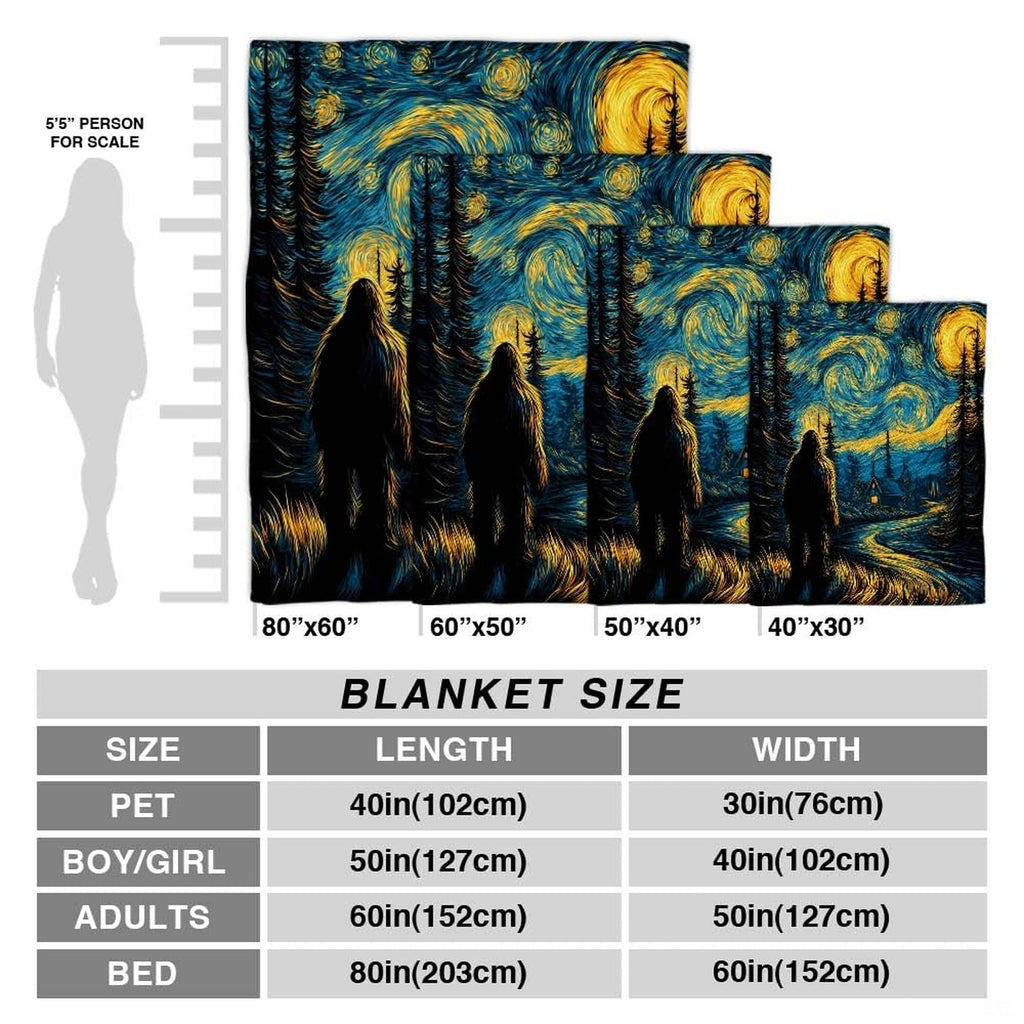 Cabin with lit window amidst evergreen trees under a swirling night sky on Bigfoot themed bedding.
