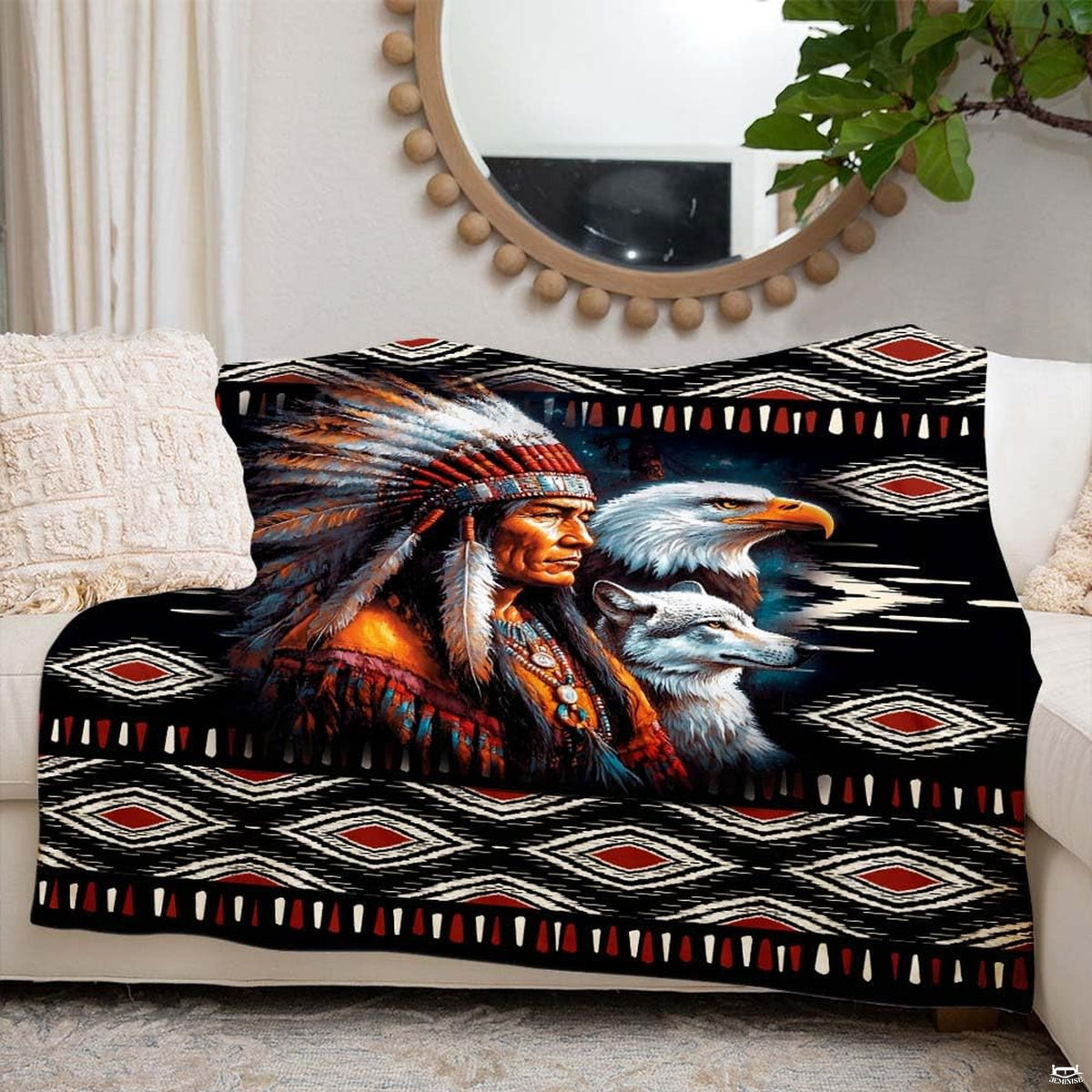 Native warrior eagle wolf throw blanket view 6 highlighting tribal diamonds, headdress, and wildlife