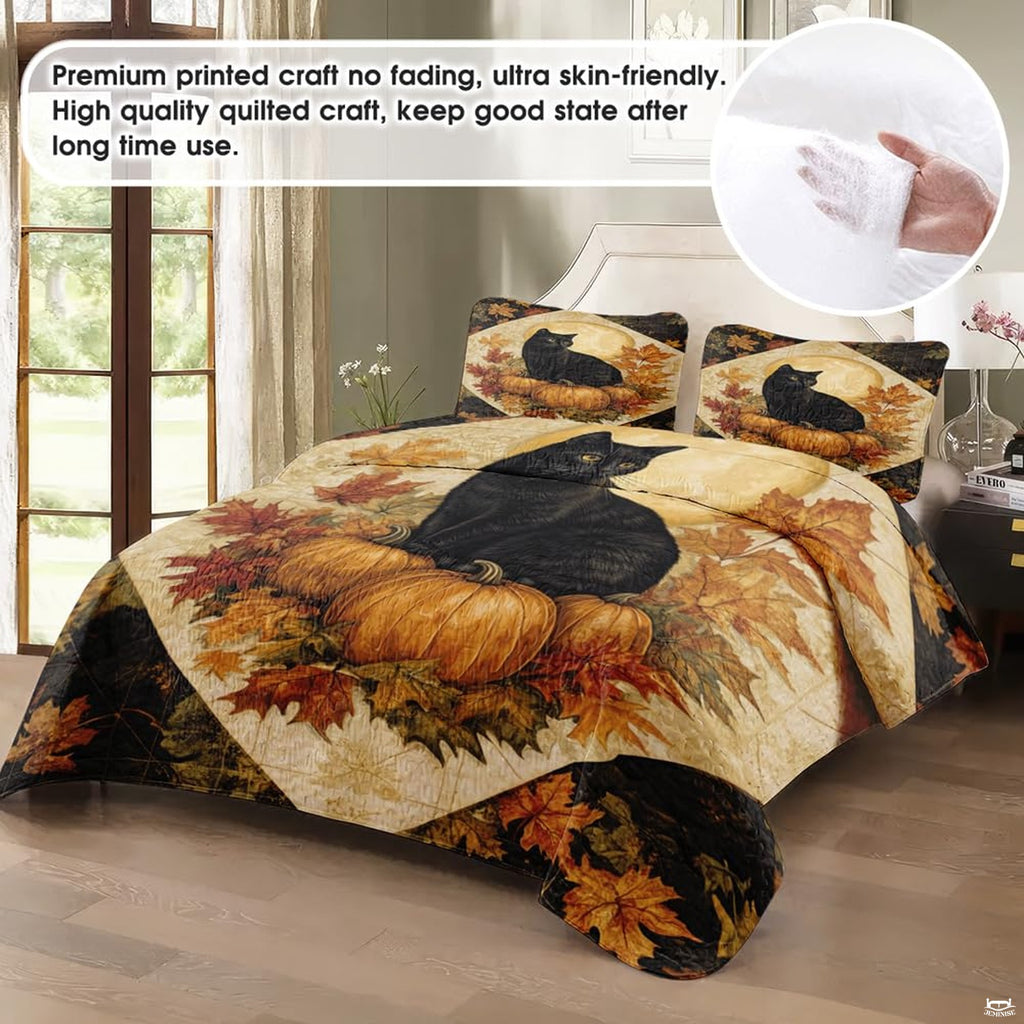 Close-up detail of pumpkin patchwork bedding displaying stylized botanical flora and amber ochre graphic accents.